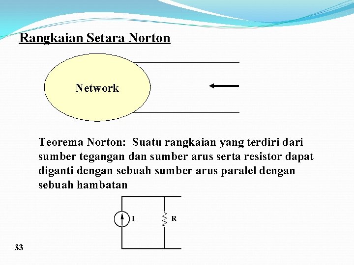 Rangkaian Setara Norton Network Teorema Norton: Suatu rangkaian yang terdiri dari sumber tegangan dan