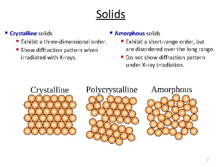 Solids § Crystalline solids § Amorphous solids § Exhibit a three-dimensional order. § Exhibit Solids § Crystalline solids § Amorphous solids § Exhibit a three-dimensional order. § Exhibit