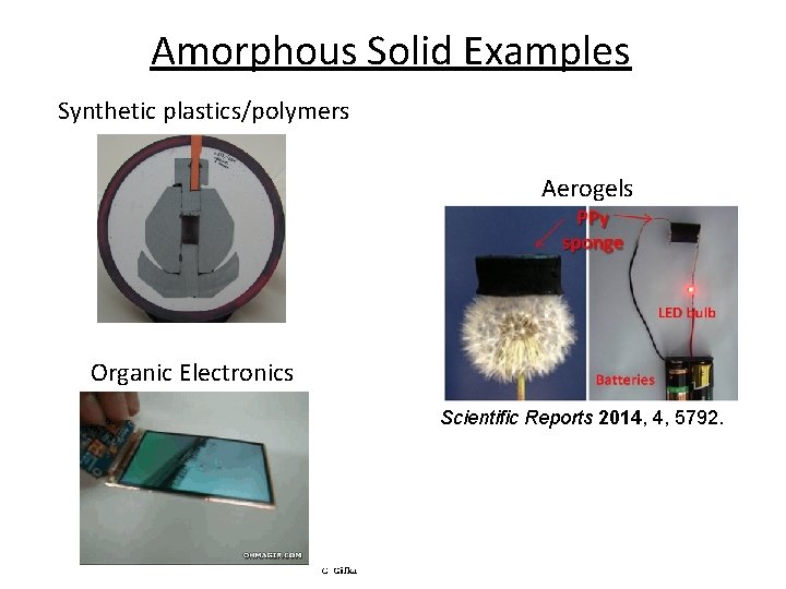 Amorphous Solid Examples Synthetic plastics/polymers Aerogels Organic Electronics Scientific Reports 2014, 4, 5792. Amorphous Solid Examples Synthetic plastics/polymers Aerogels Organic Electronics Scientific Reports 2014, 4, 5792.