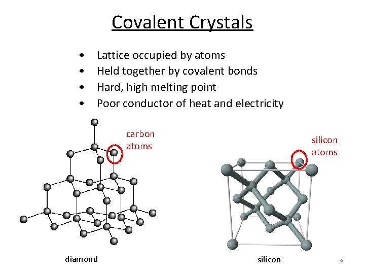 Covalent Crystals • • Lattice occupied by atoms Held together by covalent bonds Hard, Covalent Crystals • • Lattice occupied by atoms Held together by covalent bonds Hard,