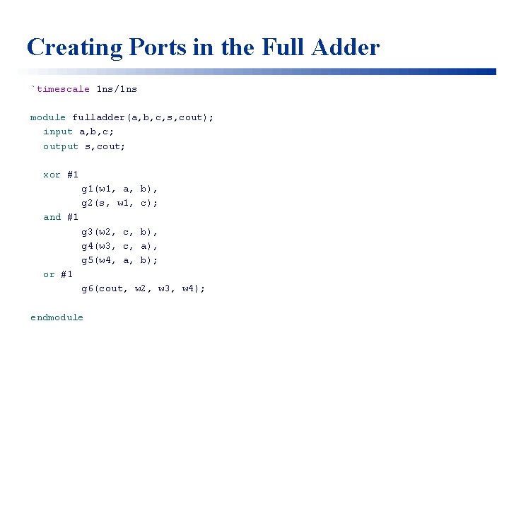 Creating Ports in the Full Adder `timescale 1 ns/1 ns module fulladder(a, b, c,