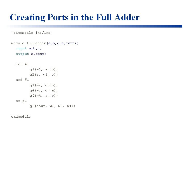 Creating Ports in the Full Adder `timescale 1 ns/1 ns module fulladder(a, b, c,