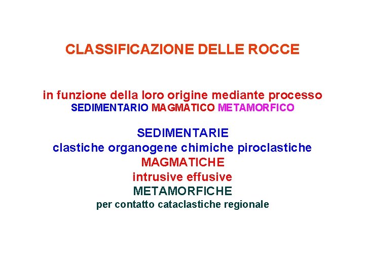 CLASSIFICAZIONE DELLE ROCCE in funzione della loro origine mediante processo SEDIMENTARIO MAGMATICO METAMORFICO SEDIMENTARIE