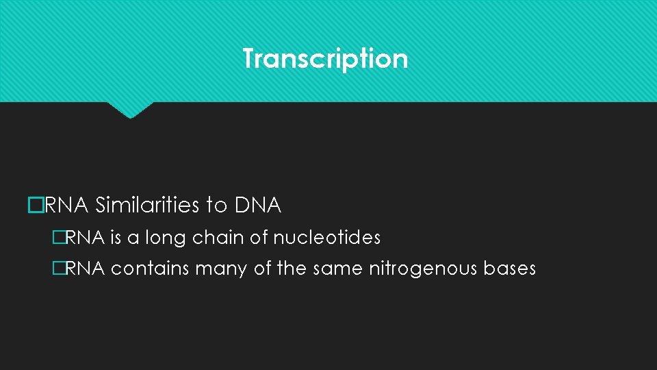 Transcription �RNA Similarities to DNA �RNA is a long chain of nucleotides �RNA contains