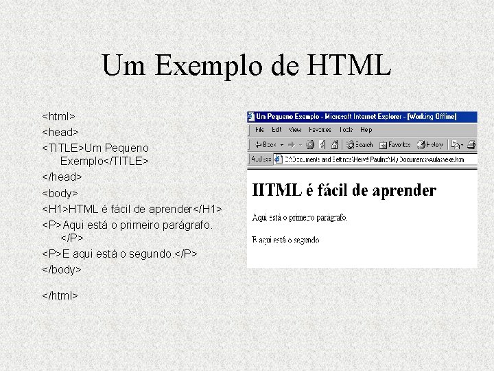 Um Exemplo de HTML <html> <head> <TITLE>Um Pequeno Exemplo</TITLE> </head> <body> <H 1>HTML é