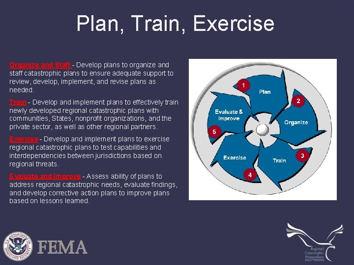 Plan, Train, Exercise Organize and Staff - Develop plans to organize and staff catastrophic