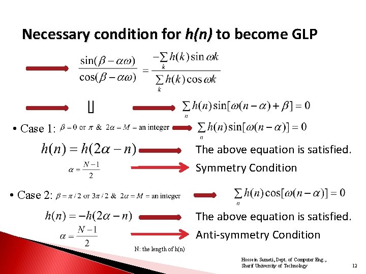 Necessary condition for h(n) to become GLP • Case 1: The above equation is