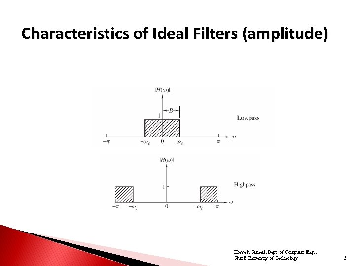 Characteristics of Ideal Filters (amplitude) Hossein Sameti, Dept. of Computer Eng. , Sharif University