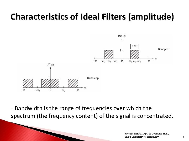 Characteristics of Ideal Filters (amplitude) - Bandwidth is the range of frequencies over which