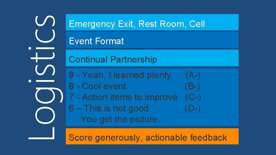 Logistics Emergency Exit, Rest Room, Cell Event Format Continual Partnership 9 - Yeah, I