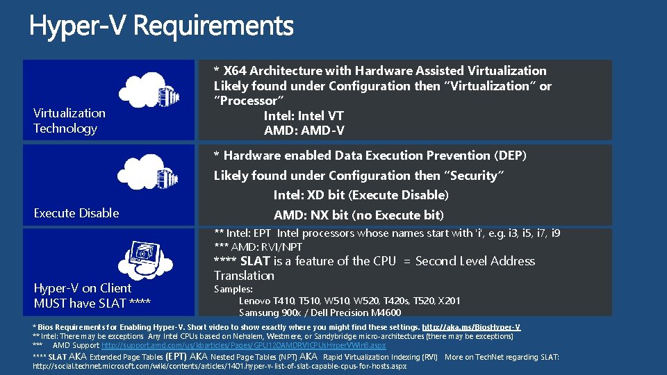 Virtualization Technology * X 64 Architecture with Hardware Assisted Virtualization Likely found under Configuration