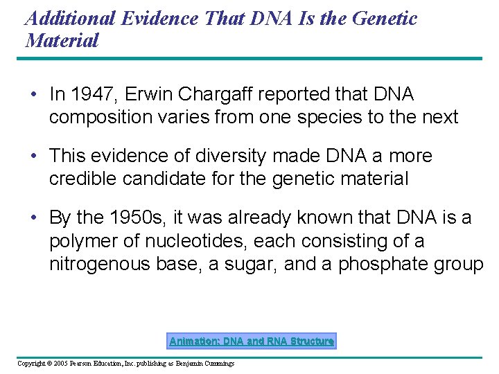 Additional Evidence That DNA Is the Genetic Material • In 1947, Erwin Chargaff reported