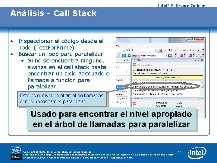 Intel® Software College Análisis - Call Stack • Inspeccionar el código desde el nodo