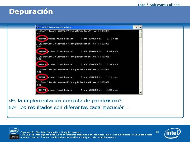 Intel® Software College Depuración ¿Es la implementación correcta de paralelismo? No! Los resultados son