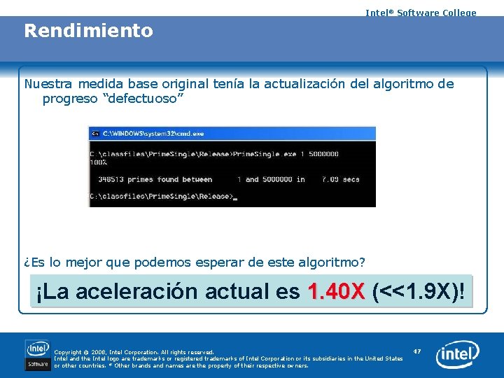 Intel® Software College Rendimiento Nuestra medida base original tenía la actualización del algoritmo de