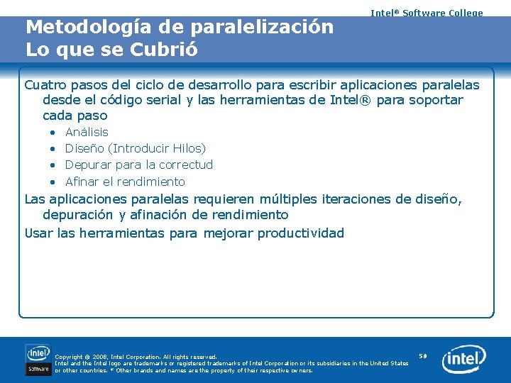 Metodología de paralelización Lo que se Cubrió Intel® Software College Cuatro pasos del ciclo