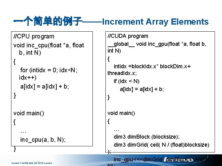 一个简单的例子——Increment Array Elements //CPU program void inc_cpu(float *a, float b, int N) { for