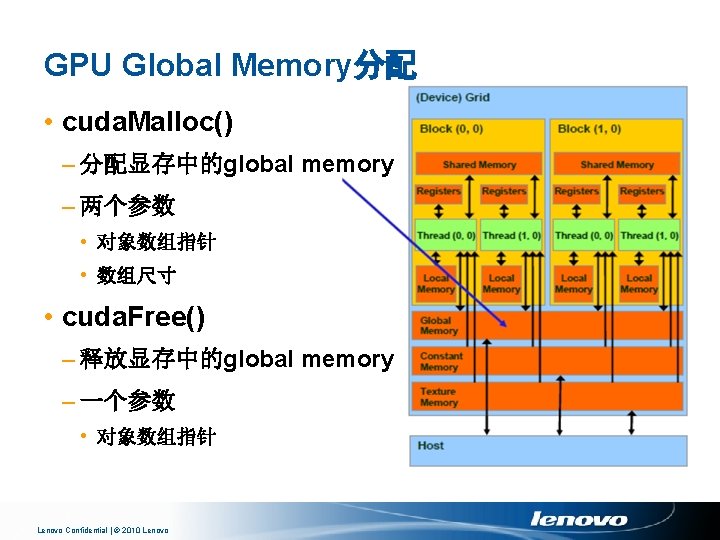 GPU Global Memory分配 • cuda. Malloc() – 分配显存中的global memory – 两个参数 • 对象数组指针 •