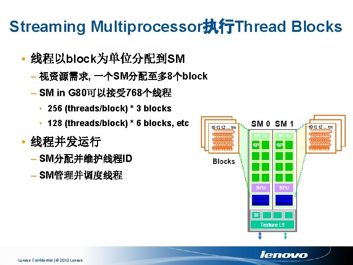 Streaming Multiprocessor执行Thread Blocks • 线程以block为单位分配到SM – 视资源需求, 一个SM分配至多 8个block – SM in G 80可以接受