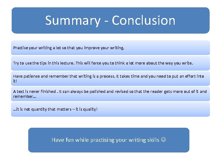 Summary - Conclusion Practise your writing a lot so that you improve your writing.