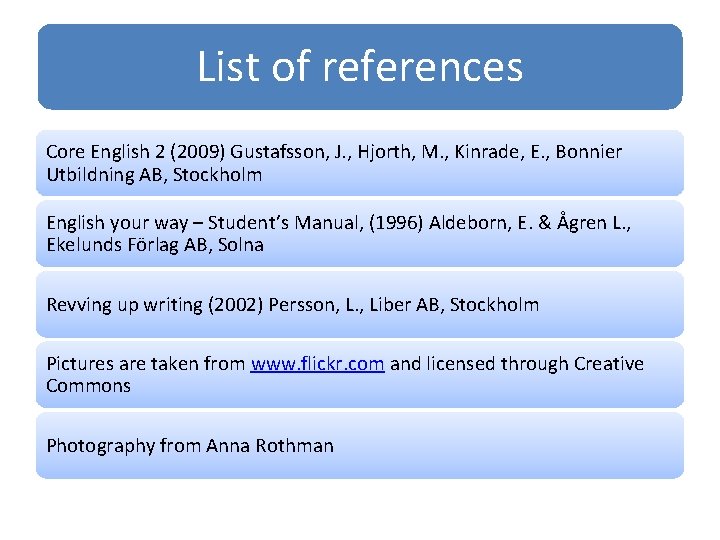 List of references Core English 2 (2009) Gustafsson, J. , Hjorth, M. , Kinrade,