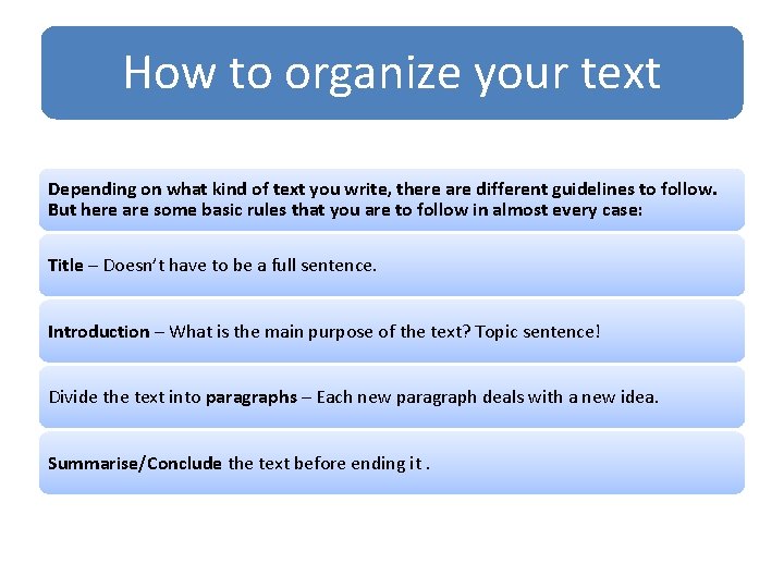 How to organize your text Depending on what kind of text you write, there