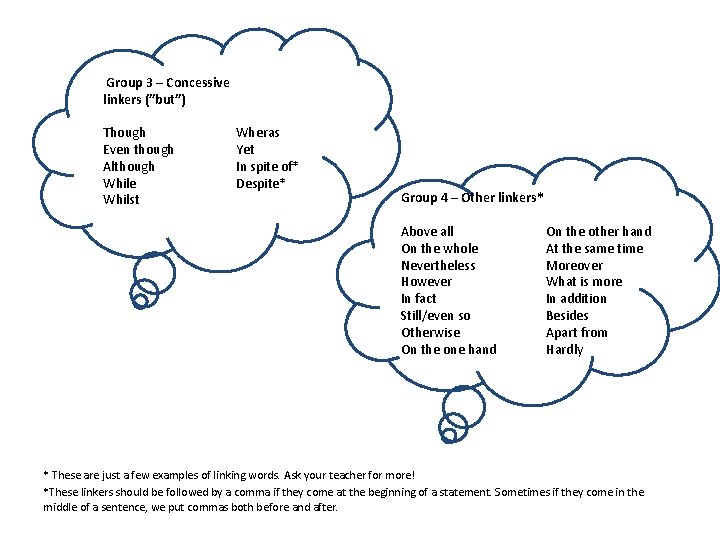 Group 3 – Concessive linkers (”but”) Though Even though Although While Whilst Wheras Yet