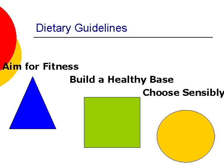 Dietary Guidelines Aim for Fitness Build a Healthy Base Choose Sensibly 