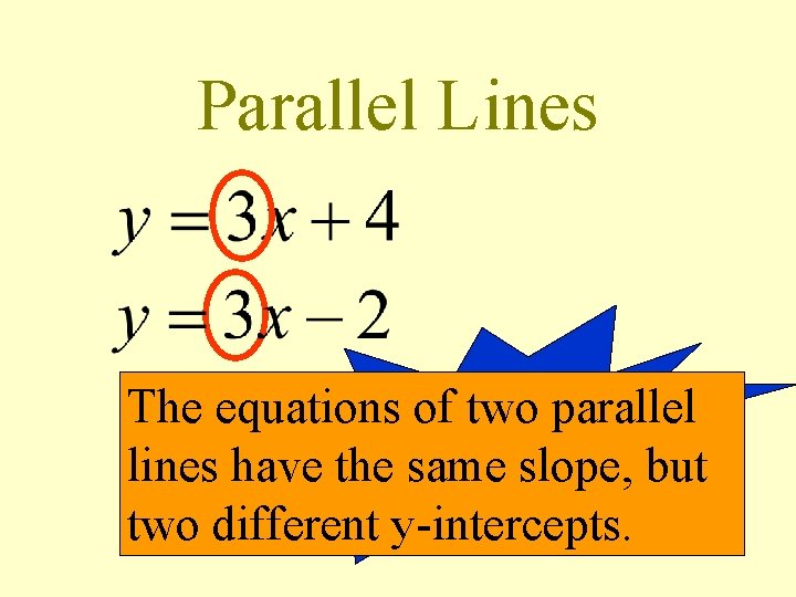 Parallel Lines The equations. Same of two or parallel lines have thedifferent same slope,