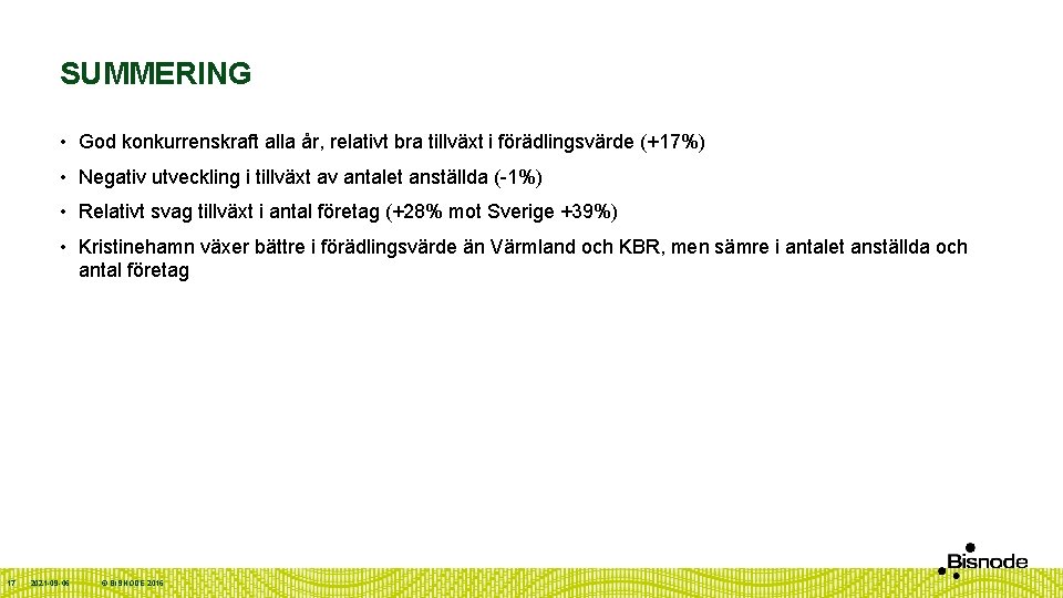 SUMMERING • God konkurrenskraft alla år, relativt bra tillväxt i förädlingsvärde (+17%) • Negativ