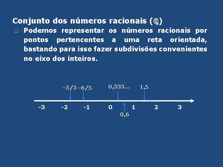Conjunto dos números racionais (ℚ) q Podemos representar os números racionais por pontos pertencentes
