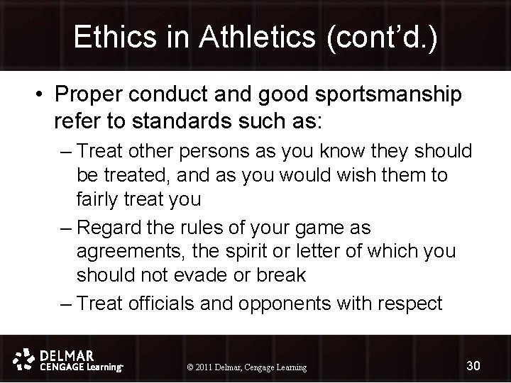 Ethics in Athletics (cont’d. ) • Proper conduct and good sportsmanship refer to standards