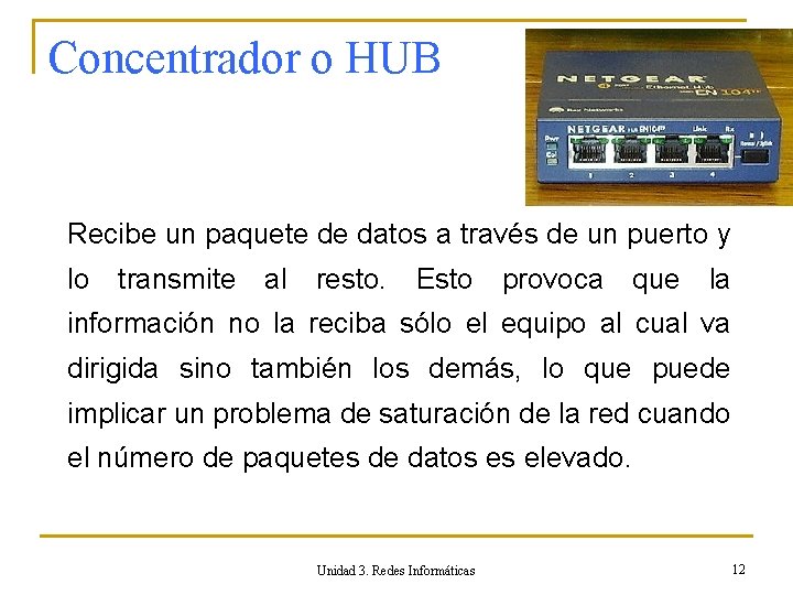 Concentrador o HUB Recibe un paquete de datos a través de un puerto y