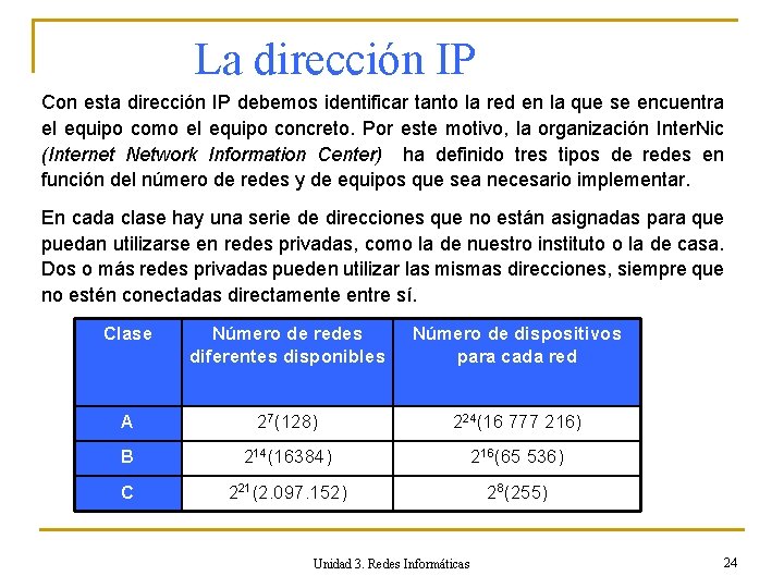 La dirección IP Con esta dirección IP debemos identificar tanto la red en la