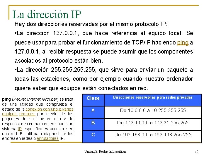 La dirección IP Hay dos direcciones reservadas por el mismo protocolo IP: • La