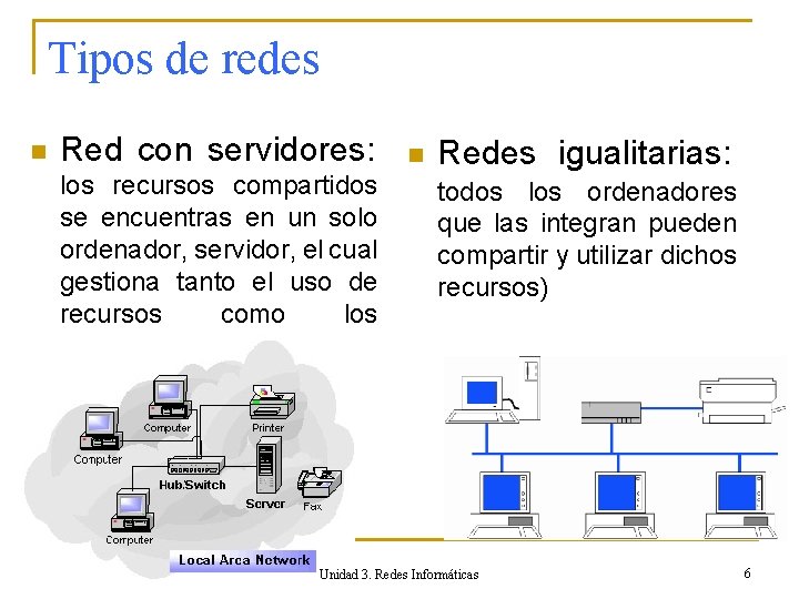 Tipos de redes n Red con servidores: los recursos compartidos se encuentras en un