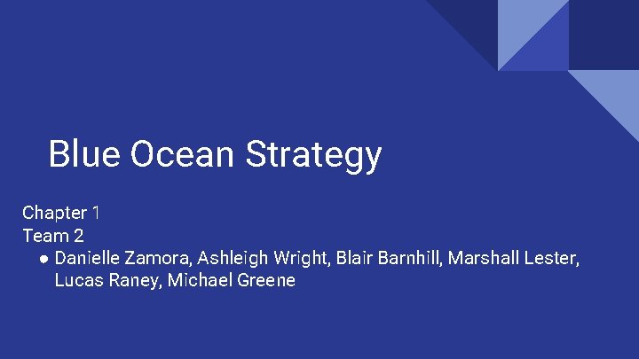Blue Ocean Strategy Chapter 1 Team 2 ● Danielle Zamora, Ashleigh Wright, Blair Barnhill,