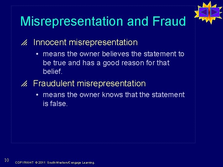 Misrepresentation and Fraud p Innocent misrepresentation • means the owner believes the statement to