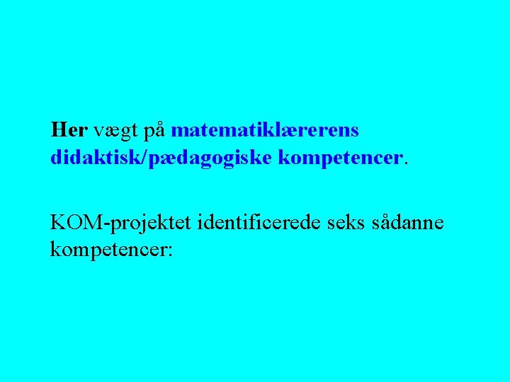 Her vægt på matematiklærerens didaktisk/pædagogiske kompetencer. KOM-projektet identificerede seks sådanne kompetencer: 