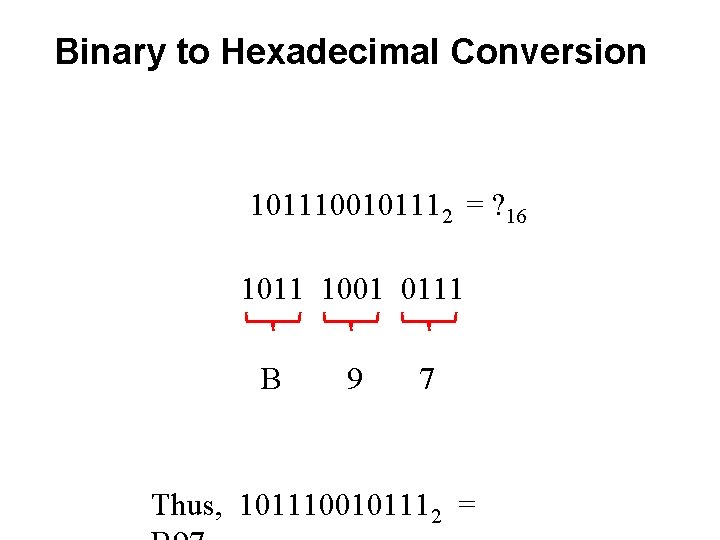 Binary to Hexadecimal Conversion 1011100101112 = ? 16 1011 1001 0111 B 9 7