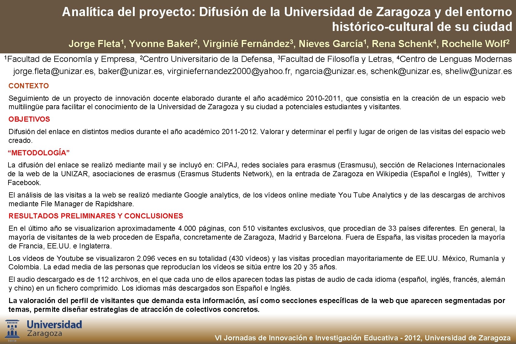 Analítica del proyecto: Difusión de la Universidad de Zaragoza y del entorno histórico-cultural de