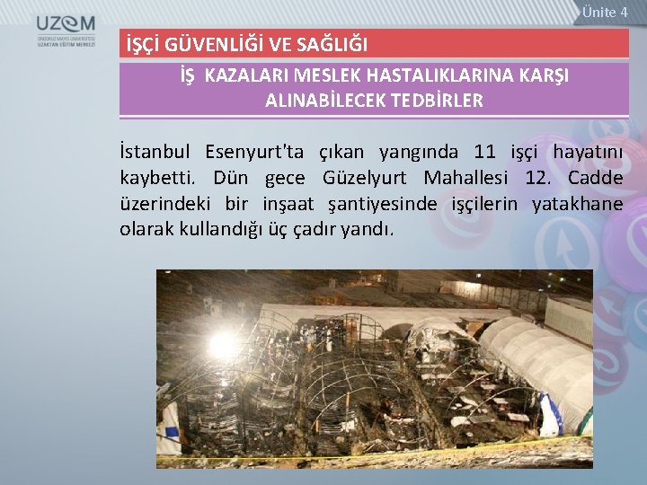 Ünite 4 İŞÇİ GÜVENLİĞİ VE SAĞLIĞI İŞ KAZALARI MESLEK HASTALIKLARINA KARŞI ALINABİLECEK TEDBİRLER İstanbul