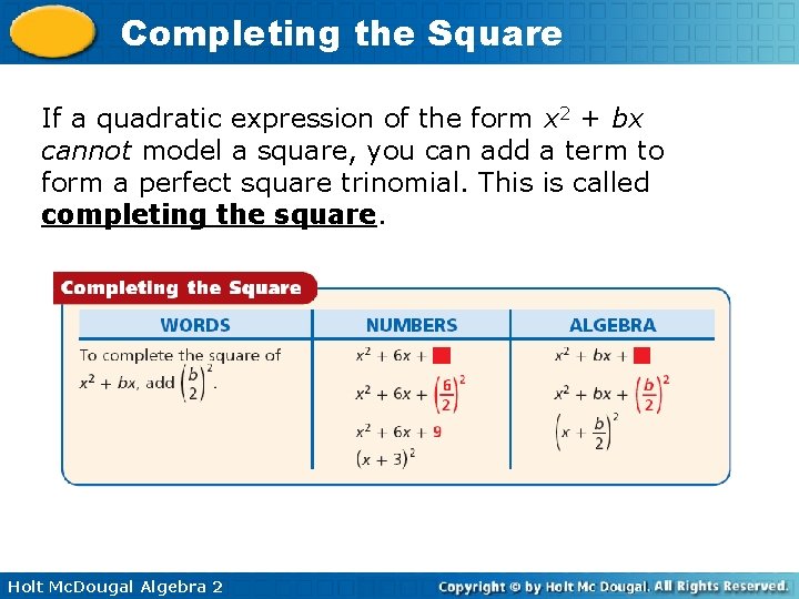 Completing the Square If a quadratic expression of the form x 2 + bx