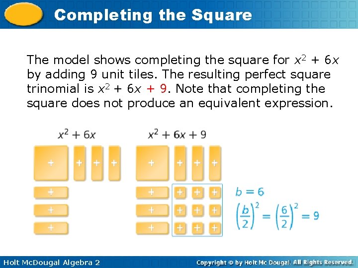 Completing the Square The model shows completing the square for x 2 + 6