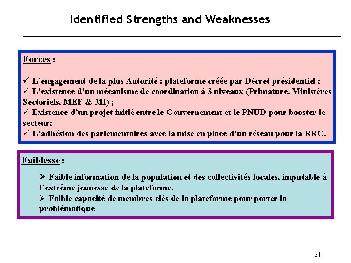 Identified Strengths and Weaknesses Forces : ü L’engagement de la plus Autorité : plateforme