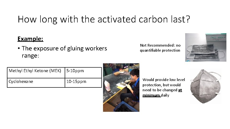 How long with the activated carbon last? Example: • The exposure of gluing workers