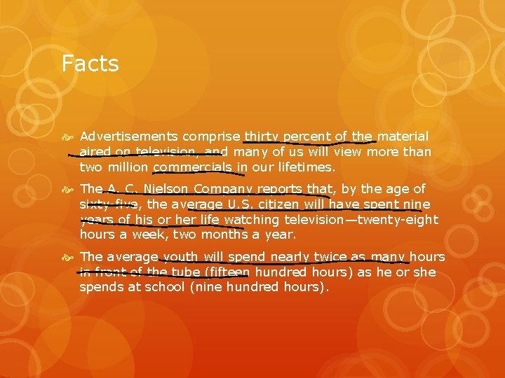 Facts Advertisements comprise thirty percent of the material aired on television, and many of