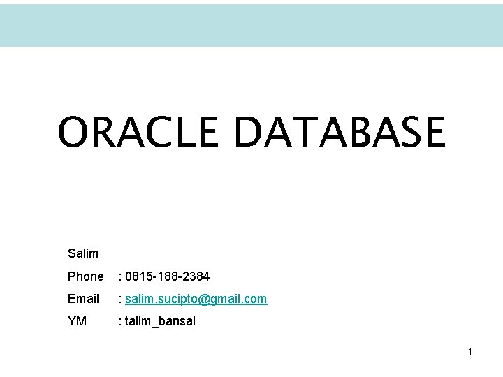 ORACLE DATABASE Salim Phone : 0815 -188 -2384 Email : salim. sucipto@gmail. com YM