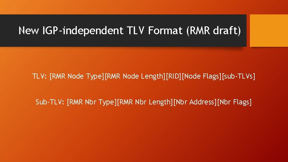 New IGP-independent TLV Format (RMR draft) TLV: [RMR Node Type][RMR Node Length][RID][Node Flags][sub-TLVs] Sub-TLV: