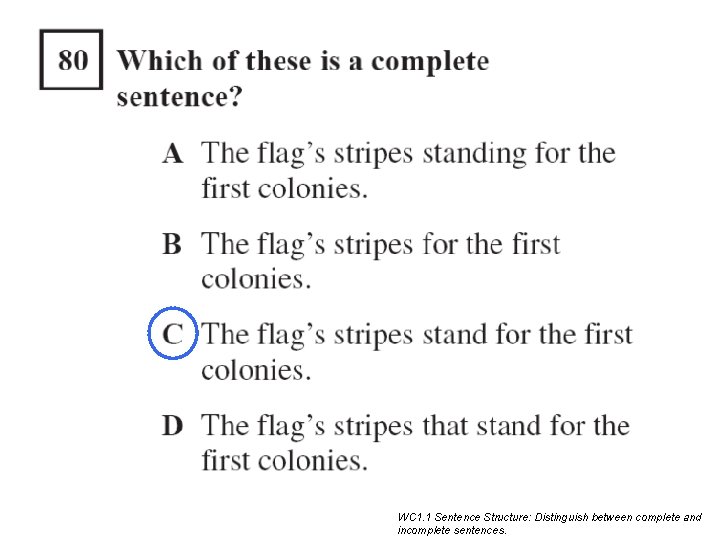 WC 1. 1 Sentence Structure: Distinguish between complete and incomplete sentences. WC 1. 1 Sentence Structure: Distinguish between complete and incomplete sentences.